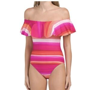 Trina Turk size 10 Sevilla one piece swimsuit colorful off shoulder ruffle.